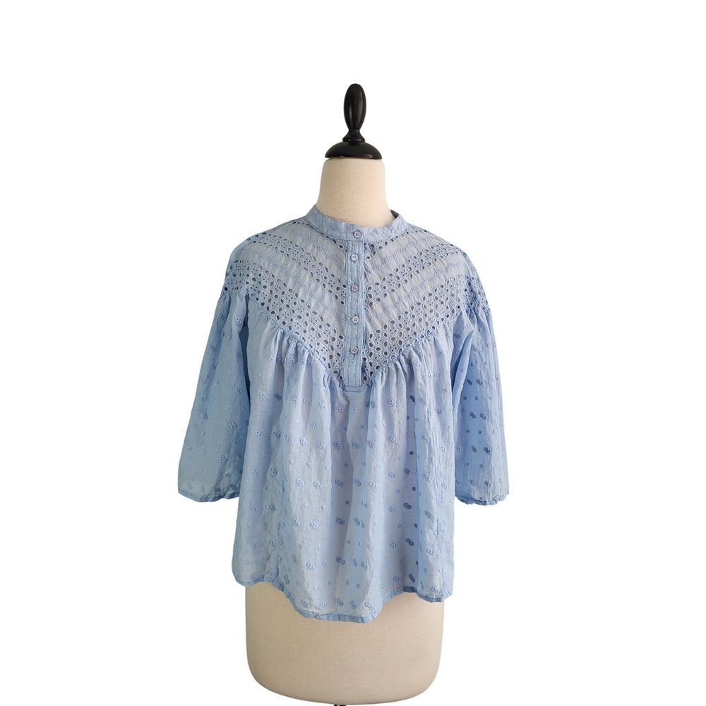 Calypso St Barth Swiss Dot Embroidered Blue Eyelet Lace Cotton Blouse Large Boho - Picture 2 of 13
